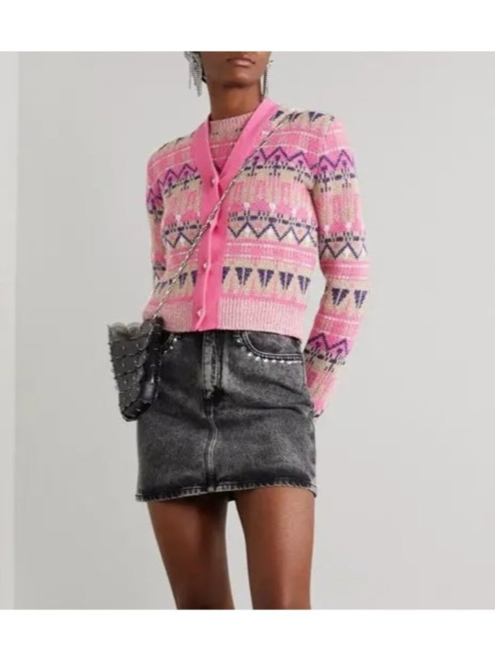 Paco Rabanne Wool Metallic Fair Isle Pearl Button Cropped Cardigan Size Small